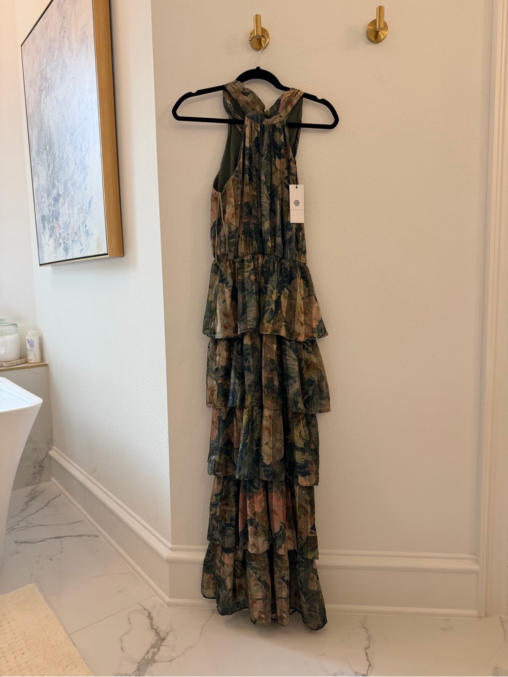 Socialite Olive Green Floral Tiered Halter Maxi Dress